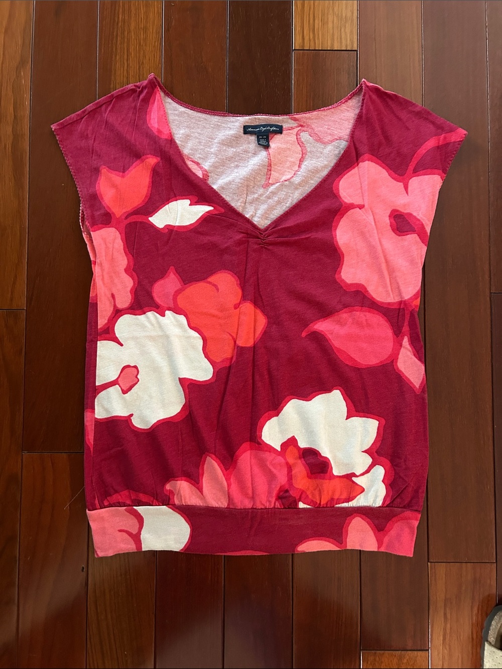 American Eagle Red and Pink Floral V-Neck Tank